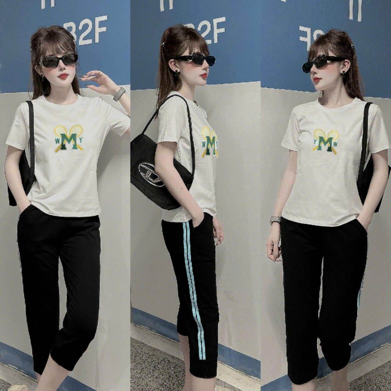Set bộ đồ lửng thun cotton logo thêu thể thao (4 màu 4 size lựa chọn)