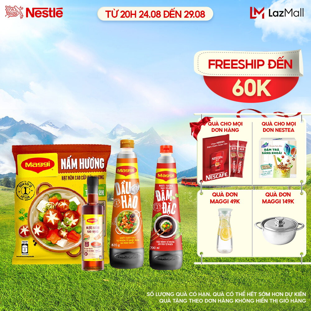 Combo maggi toàn diện: hạt nêm nấm hương 450g + nước tương đậm đặc 700ml + nước mắm hảo hạng 490ml + dầu hào 820g