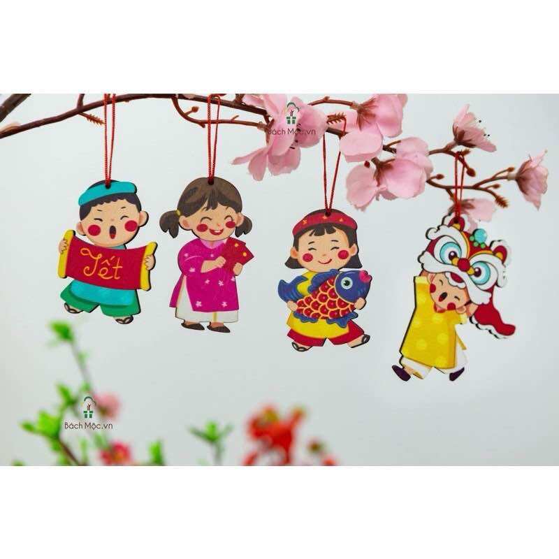 Combo 10 phụ kiện trang trí tết bằng gỗ, thẻ treo cây đào cây mai ngày tết