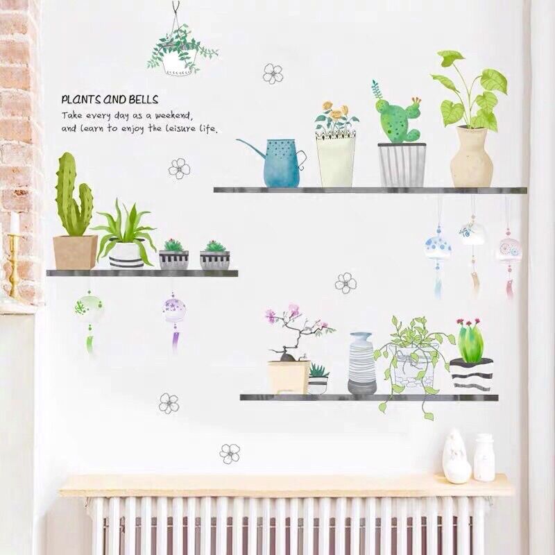 Decal dán tường xe đạp và chậu cây trên kệ
