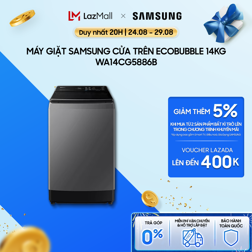 Máy giặt sấy thông minh samsung ai ecobubble™ với bảng điều khiển thông minh 14 kg wa14cg5886bvsv