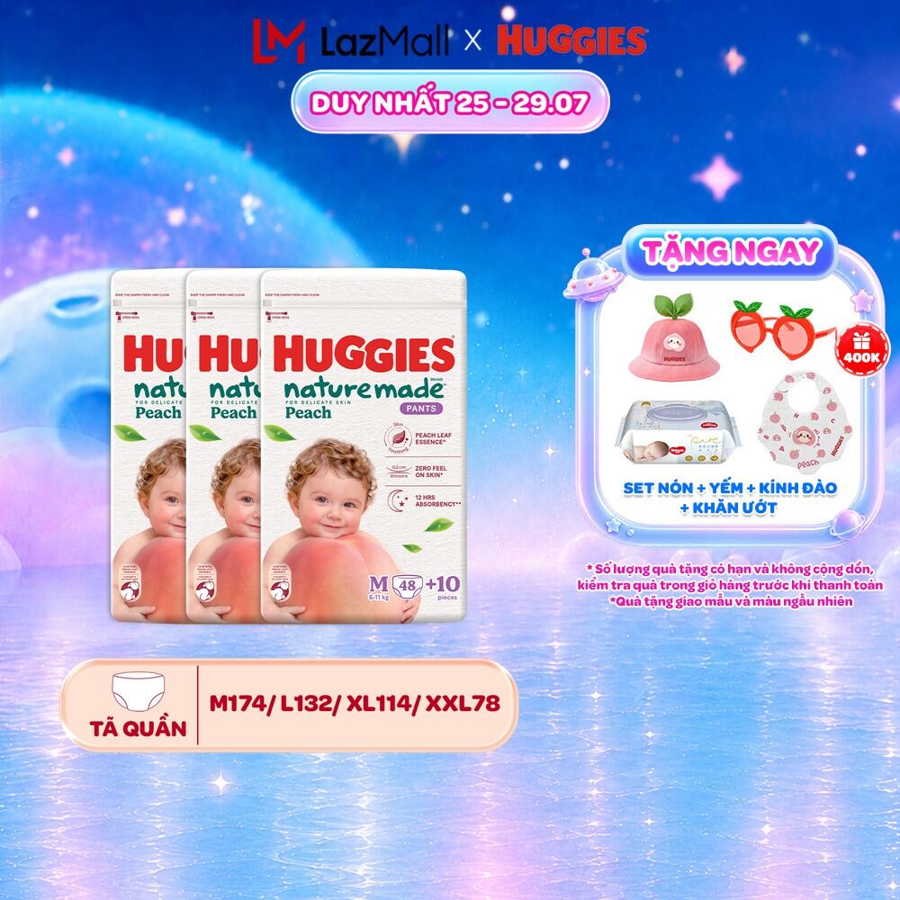 [Mới Ra Mắt] Combo 3 Tã quần Huggies Naturemade Peach M48+10/L44/XL38/XXL26
