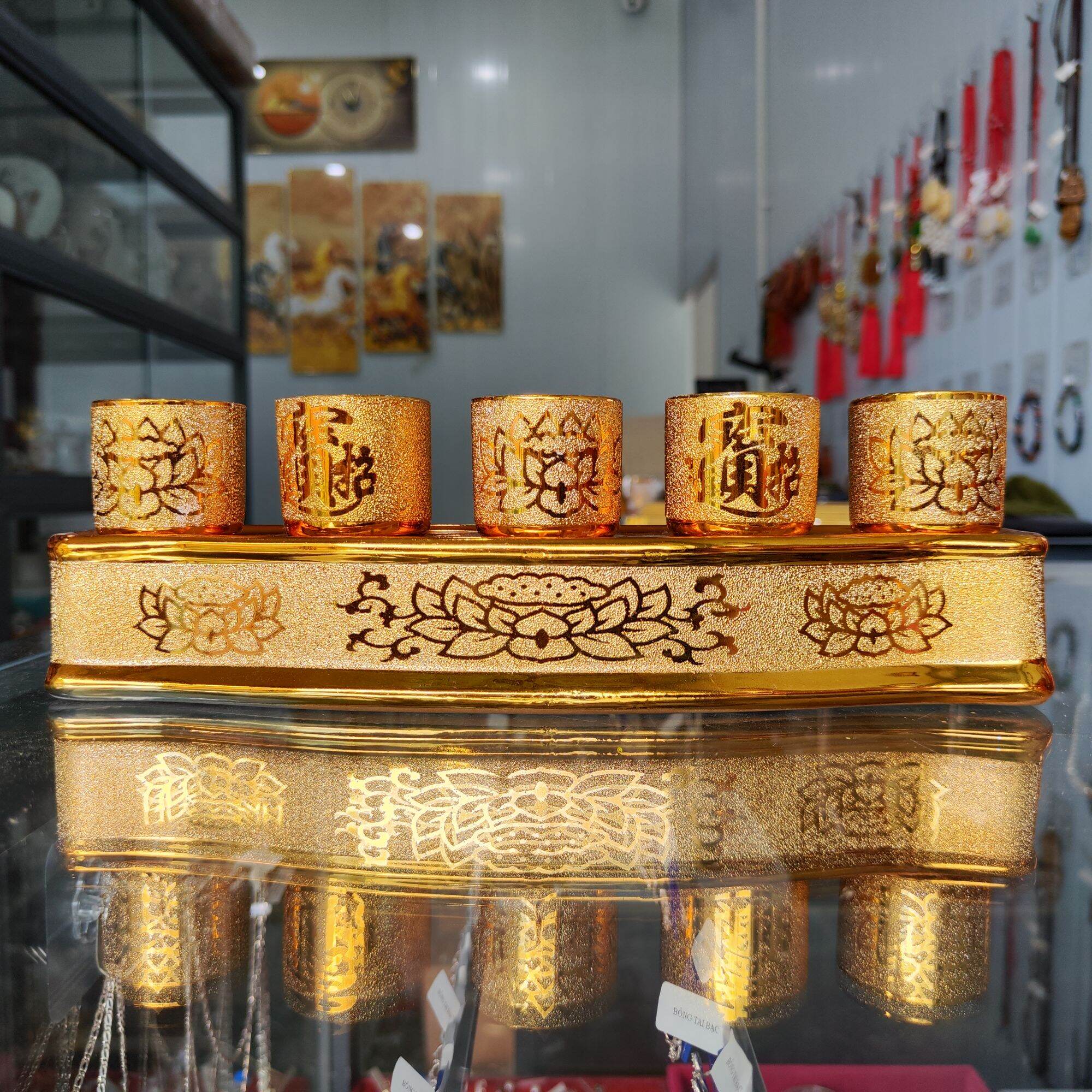 Bộ áng 5 ly nước thờ cúng kim sa vàng