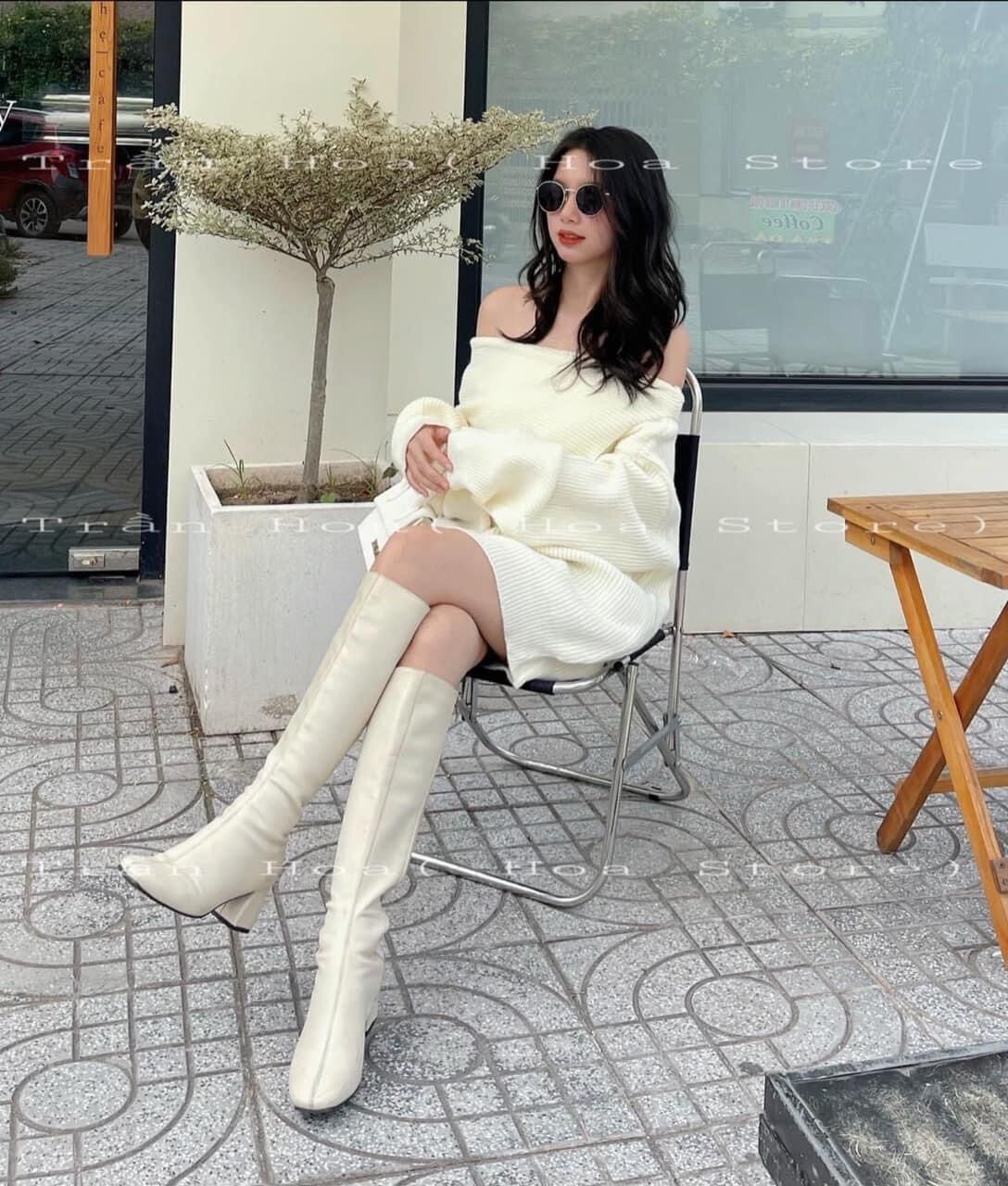 áo len trễ vai xẻ lệch dáng thụng