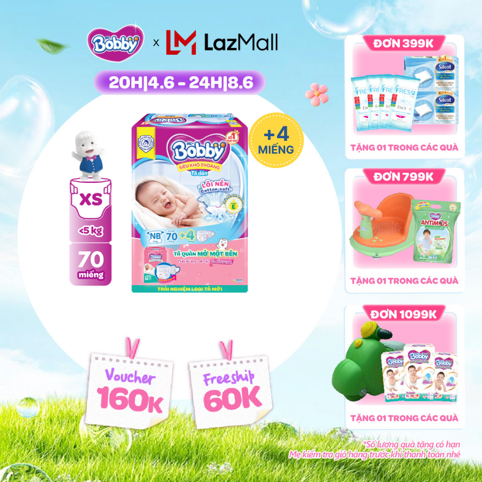 [QUÀ TẶNG HẤP DẪN TỪ 9-10.6]Tã dán Sơ sinh Bobby XS70 mới + tặng kèm 4 miếng tã quần mở một bên size NB/NB-S