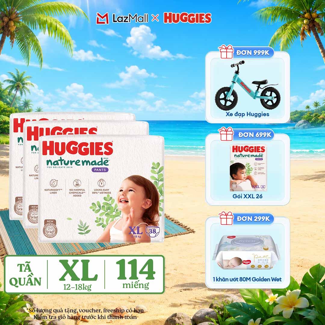[Chỉ 25-29.06 QUÀ TẶNG ĐƠN 399K](Mua 1 tặng 1) Combo 3 Tã/Bỉm quần HUGGIES PLATINUM NatureMade XL38 (12-18kg)-Gói Jumbo 38 miếng