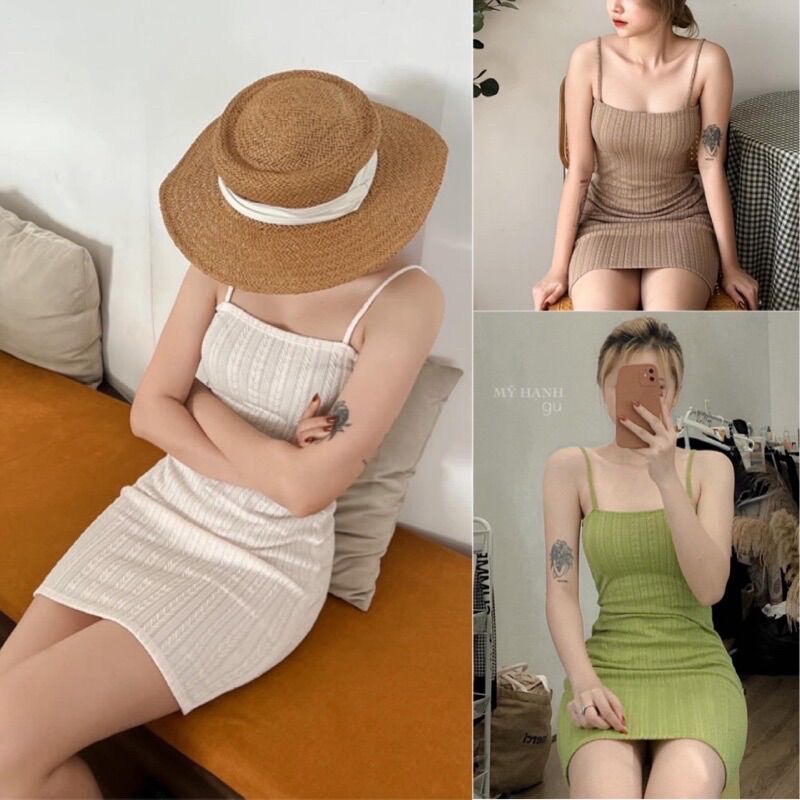 Đầm hai dây ôm body len gân tăm dày dặn tôn dáng