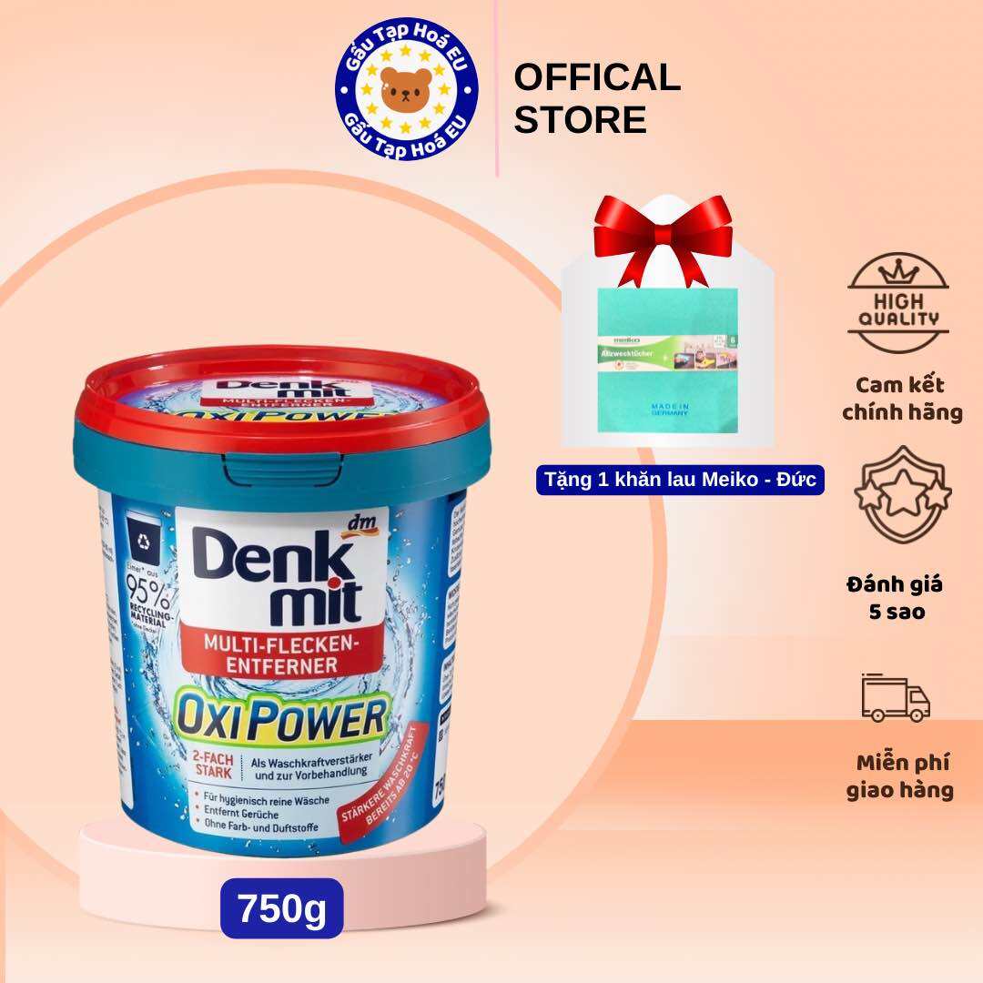 Bột tẩy đa năng Denkmit Multi-Flecken-Entferner Oxi Power, 750 g loại bỏ vết bẩn cứng đầu trên quần áo, vỏ bọc ghế, thảm - HERITE