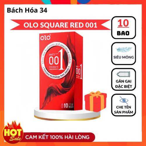 Hộp 10 chiếc bao cao su olo thin 001 square red - gai nhỏ, siêu mỏng 0,01mm