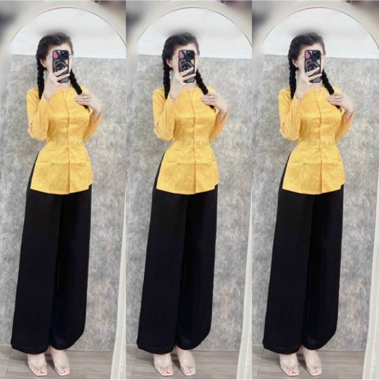Set lam gấm lụa đi chùa - Set áo bà ba quần ống rộng-hình thật.