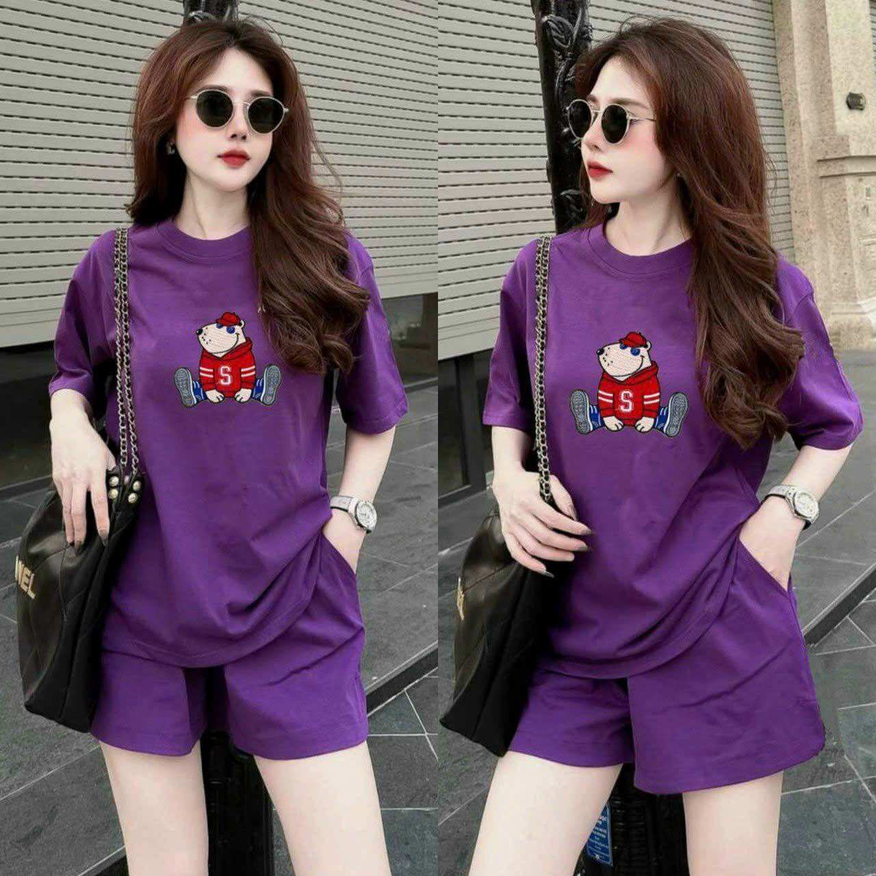 Bộ short thun cotton áo thêu gấu