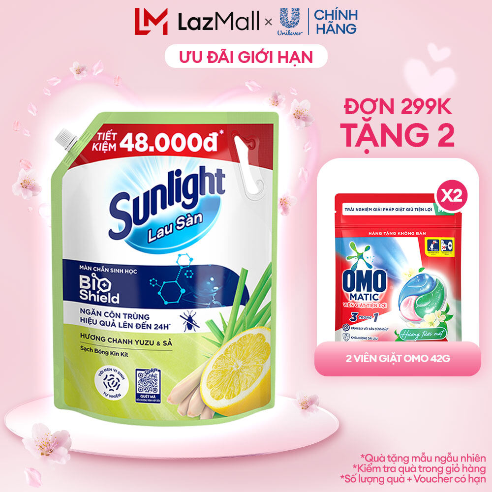 Nước lau sàn Sunlight BIOSHIELD Chanh Yuzu & Sả Túi 3.4kg | Công nghệ BIOSHIELD | Ngăn côn trùng hiệ