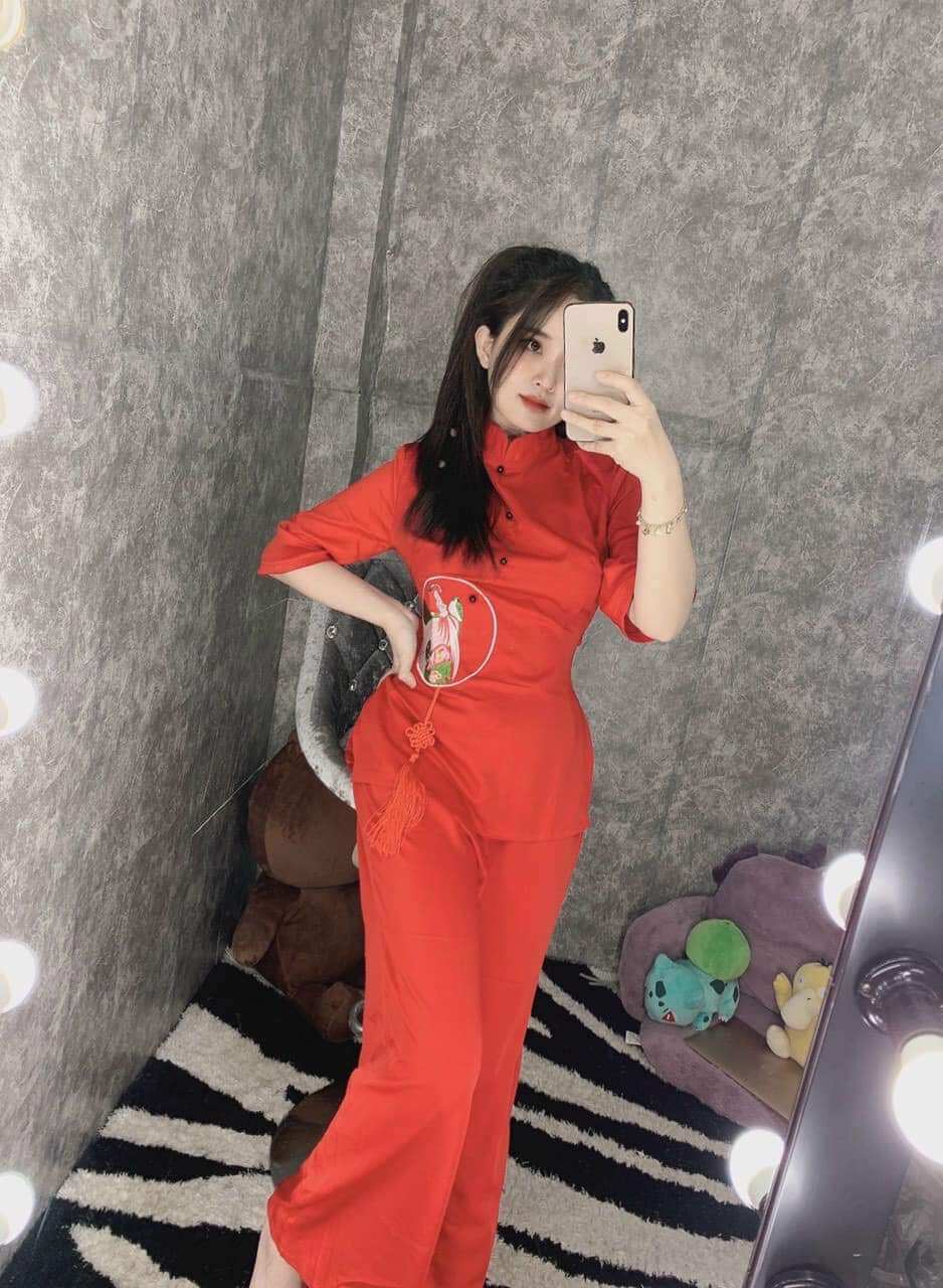 Đồ lam đi chùa - mẫu nữ lua thêu ngọc bội cao cấp