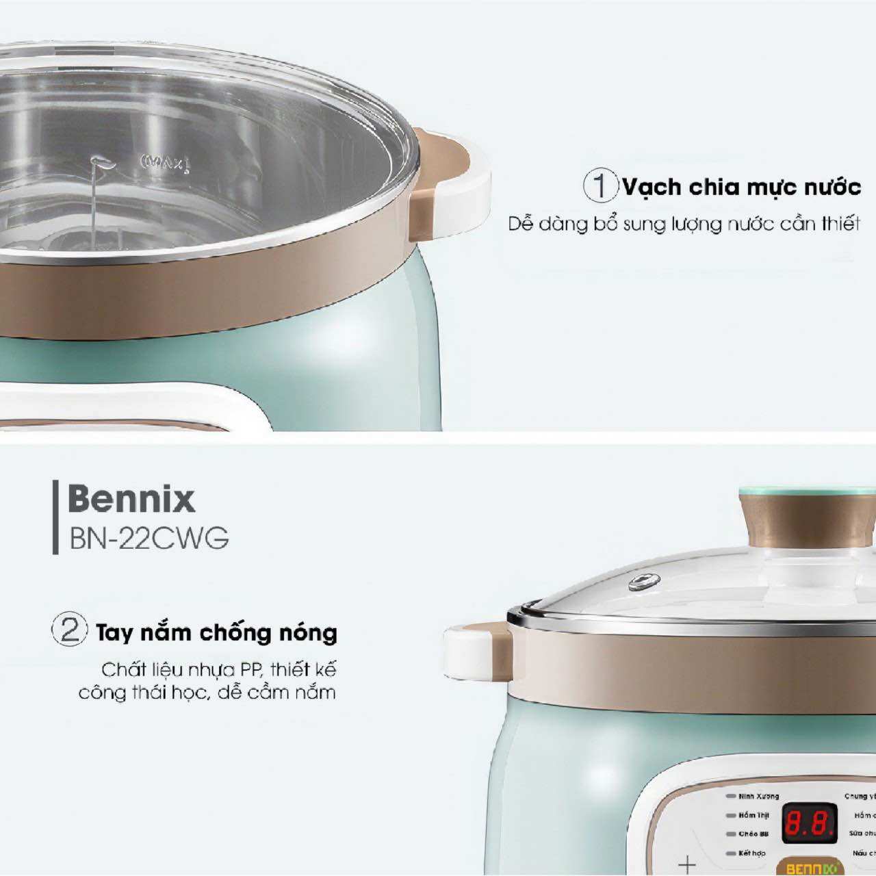 Nồi nấu chậm cách thủy & có hấp 2.2L bennix BN-22WCG