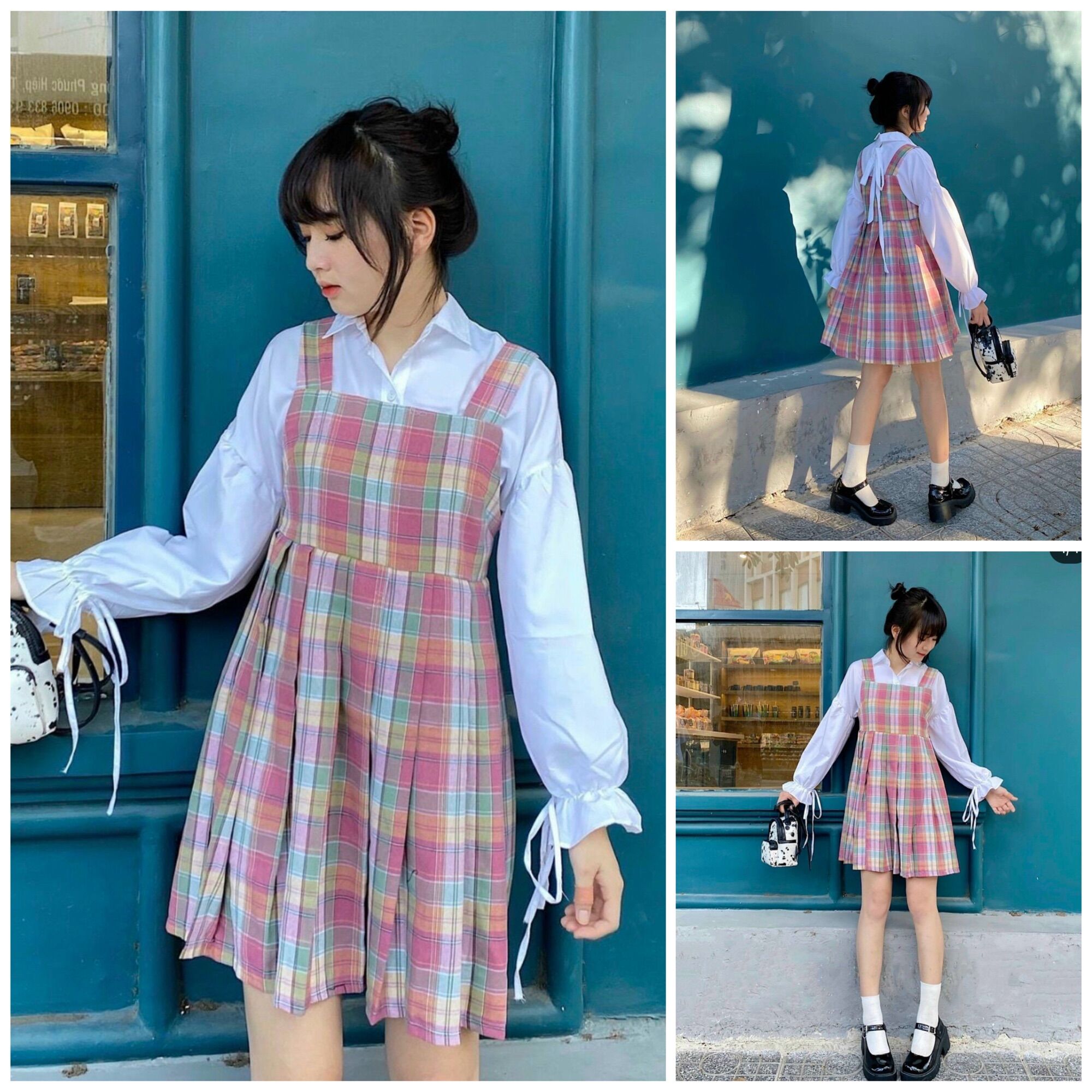 Set yếm caro áo sơ mi trắng dễ thương