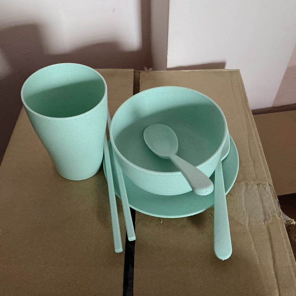 Combo 6 món - bộ tô chén muỗng đĩa nĩa đũa dĩa ly bằng lúa mạch màu pastel
