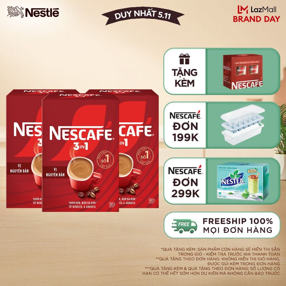 [ƯU ĐÃI THÁNG 11] [Giao hàng toàn quốc] Combo 3 hộp NESCAFÉ 3in1 VỊ NGUYÊN BẢN ( 16g x 20 gói)