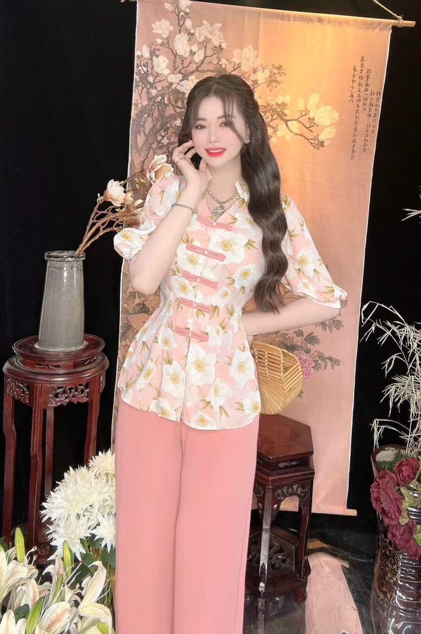 Bộ bà ba cổ tim tay phồng