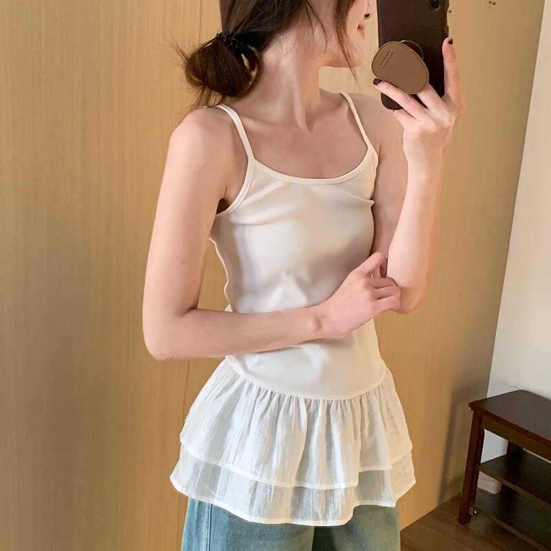 Áo Ba Lỗ Ren Viền Trắng Cho Nữ Mùa Hè Áo Ba Lỗ Hai Lớp Xếp Ly Viền Ren Viền Lưng Đẹp Áo Ba Lỗ Cotton