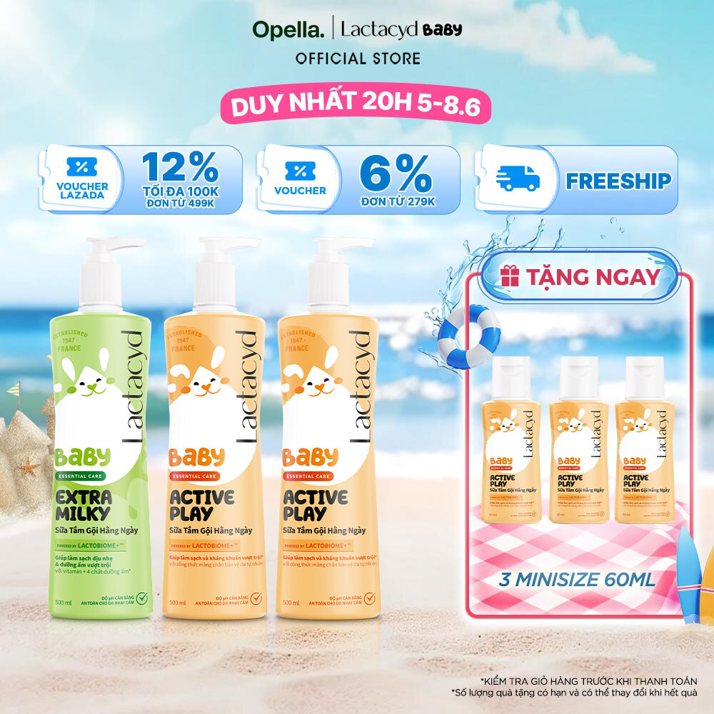 Bộ 2 Chai Sữa Tắm Gội Trẻ em Lactacyd Baby Active Play 500ml +1 Chai Lactacyd Baby Extra Milky 500ml