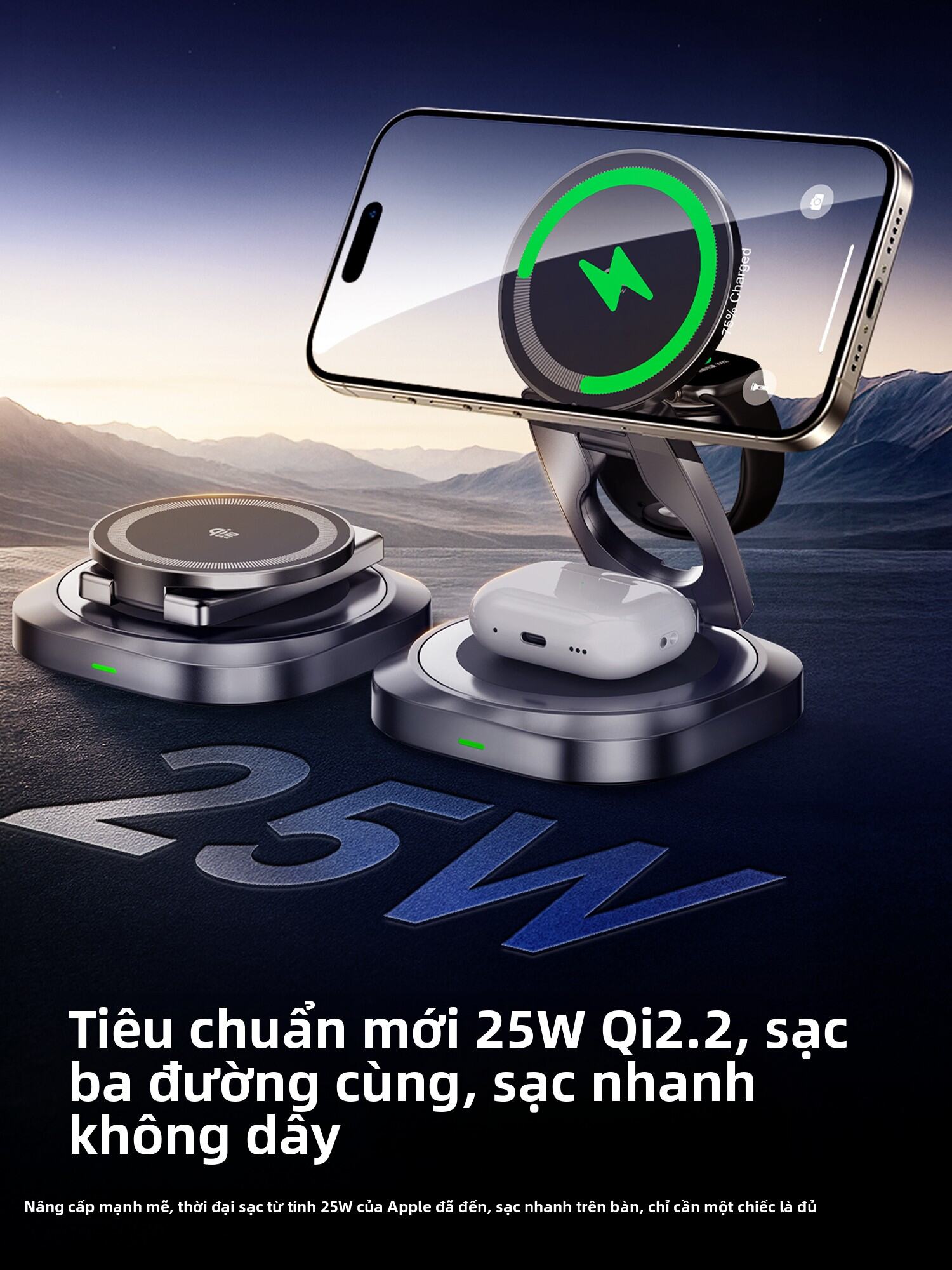 HANNUO | Đế Sạc Không Dây 3-trong-1 Qi2.2 Tương Thích với iPhone 17 Pro Max, Samsung Galaxy S16, Mag