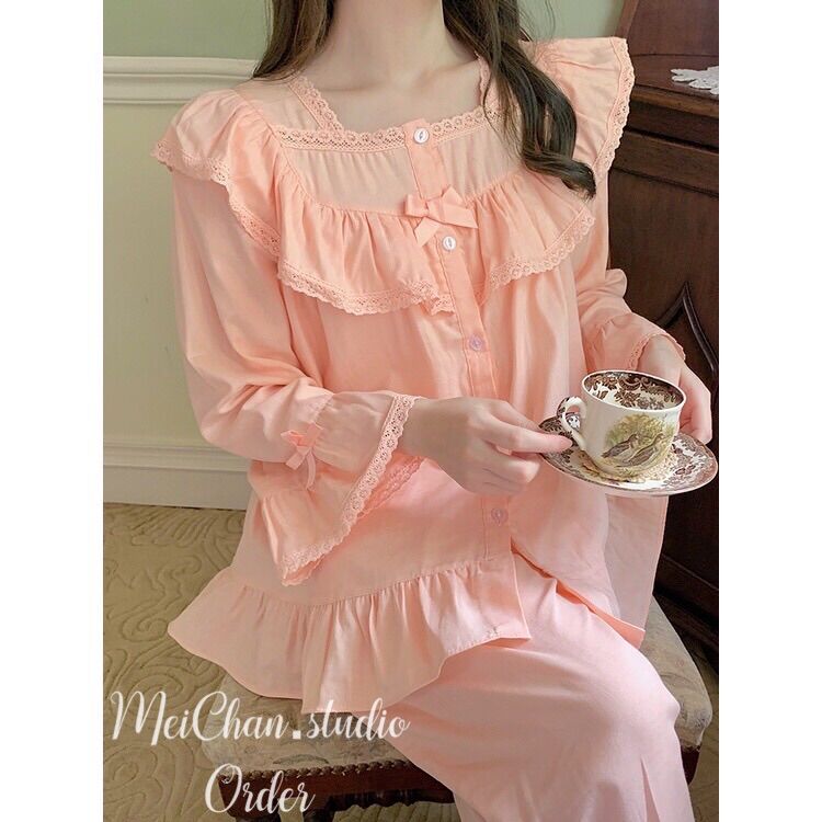 Set bộ ngủ mặc nhà tiểu thư tay dài phối bèo nơ quảng châu