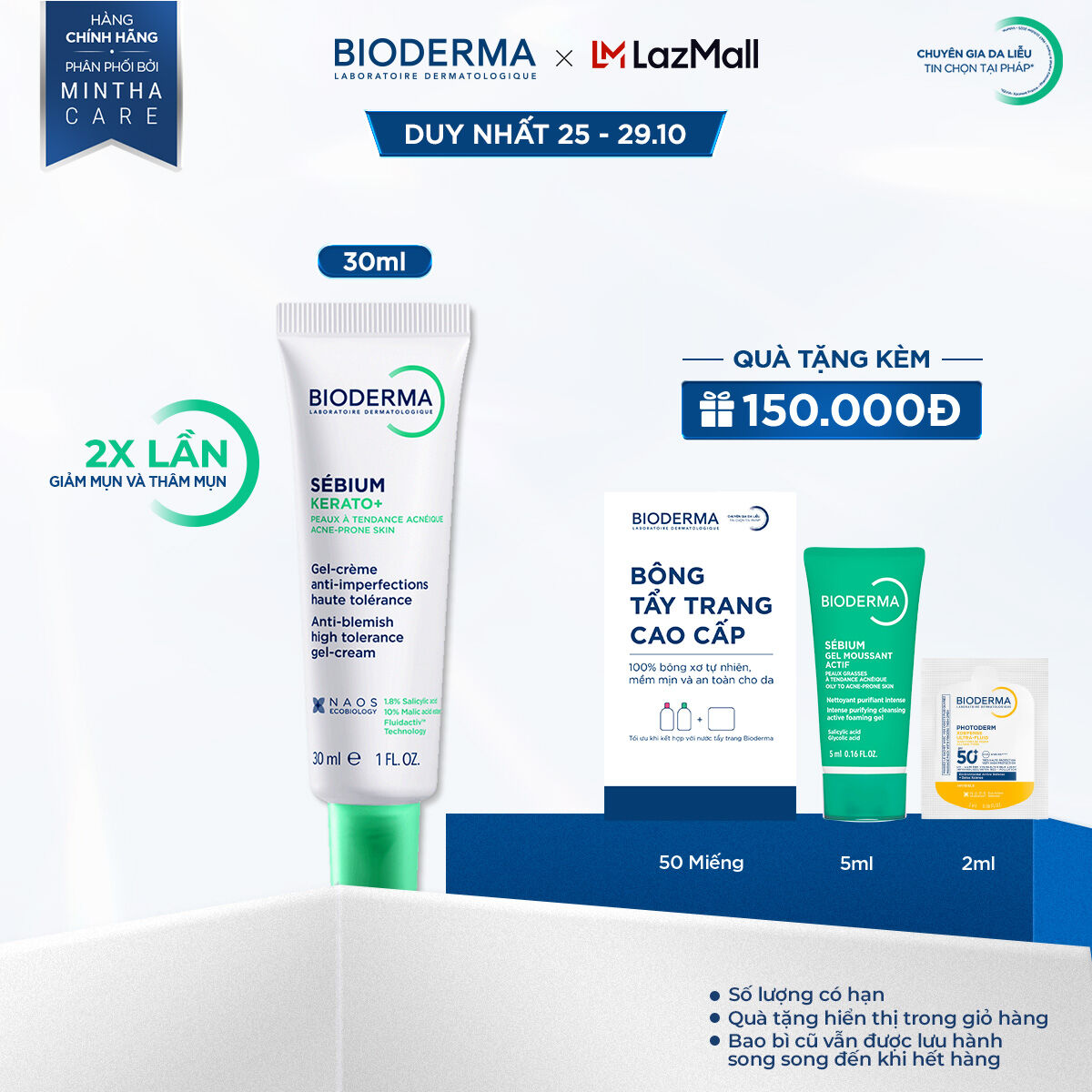 Kem dưỡng hỗ trợ giảm mụn chuyên sâu cho da mụn nhẹ đến trung bình Bioderma Sébium Kerato+ 30ml