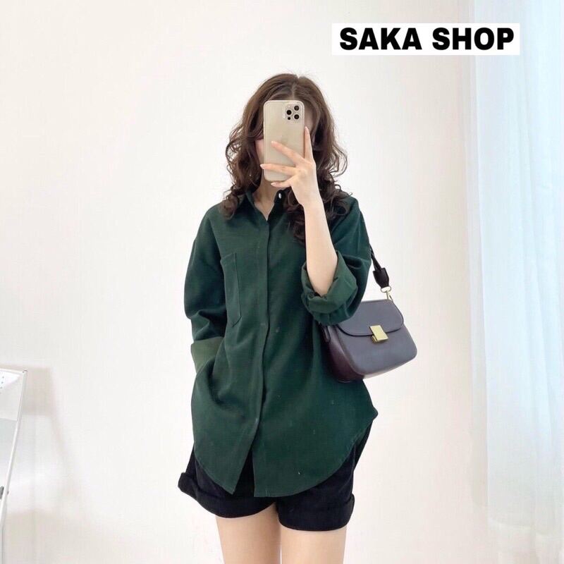 Áo sơ mi nhung tăm nữ nam unisex dáng rộng tay dài phồng