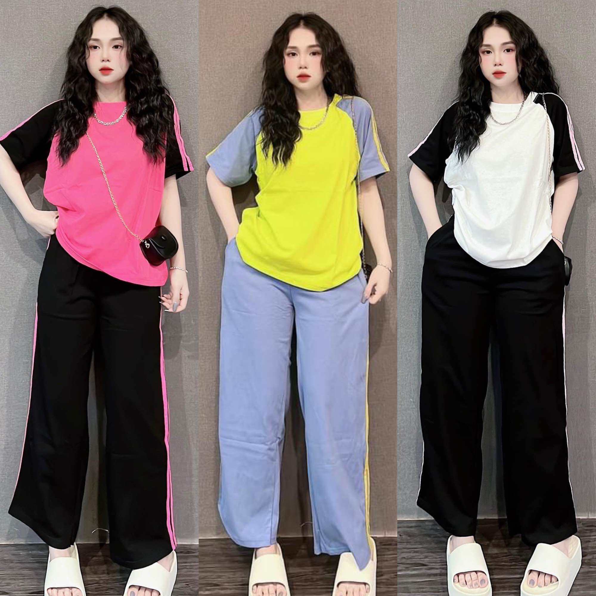 Set Áo Thun Cotton Phối Màu Quần Suông Chạy Sọc HN Closet