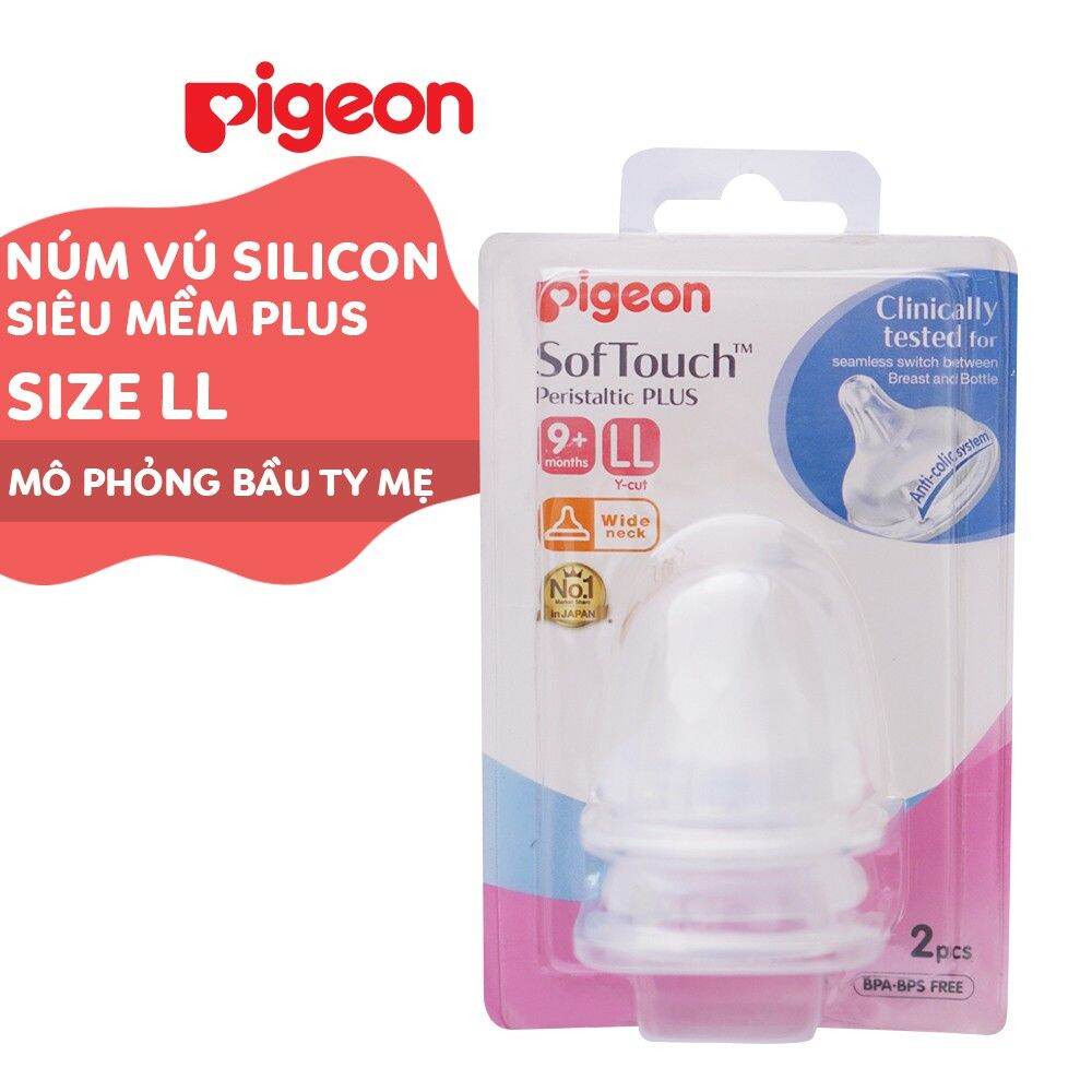 Núm vú Silicone siêu mềm Plus Pigeon sử dụng cho bình sữa Cổ rộng (2 cái /1 Vĩ)
