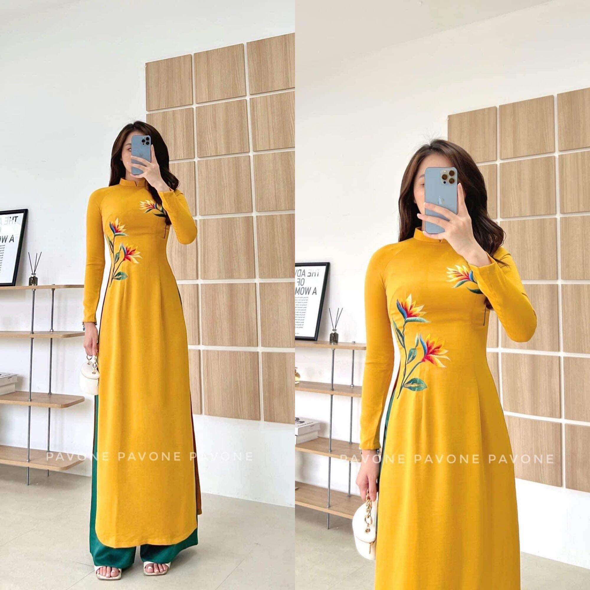 Áo dài lụa tây thi thêu hoa bằng máy cao cấp