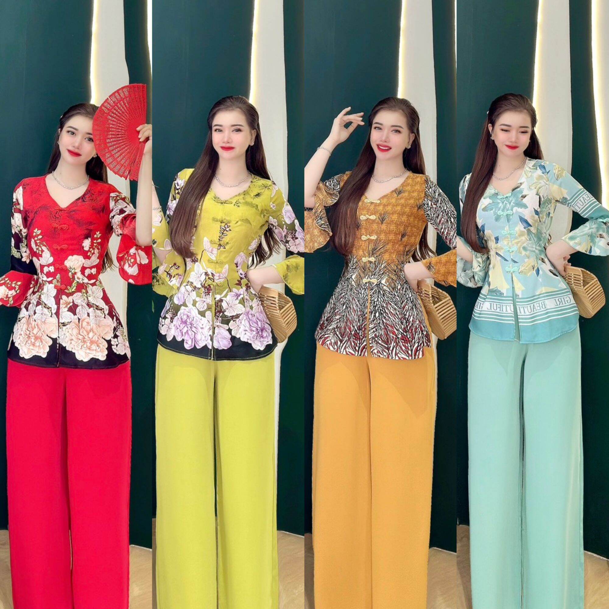 Bộ bà ba tay loe cổ tim/ Sét bà ba tay loe/ trang phục truyền thống tay loe
