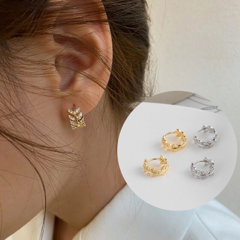 Khuyên tai/bông tai hình lá nguyệt quế bạc và bạc xi vàng