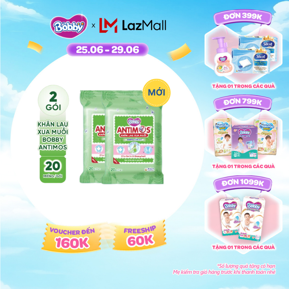 [SALE CUỐI THÁNG tặng QUÀ TO-SLCH]MỚI] Bộ 2 gói khăn lau xua muỗi Bobby Antimos 20 miếng