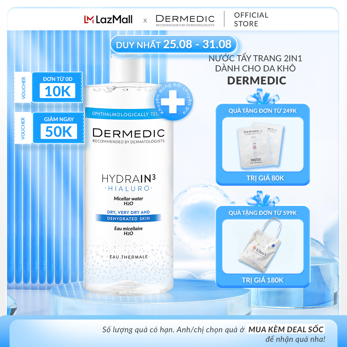 Nước Tẩy Trang Da Khô Cấp Ẩm HYDRAIN3 HIALURO Micellar Water H2O 500ml - Dermedic
