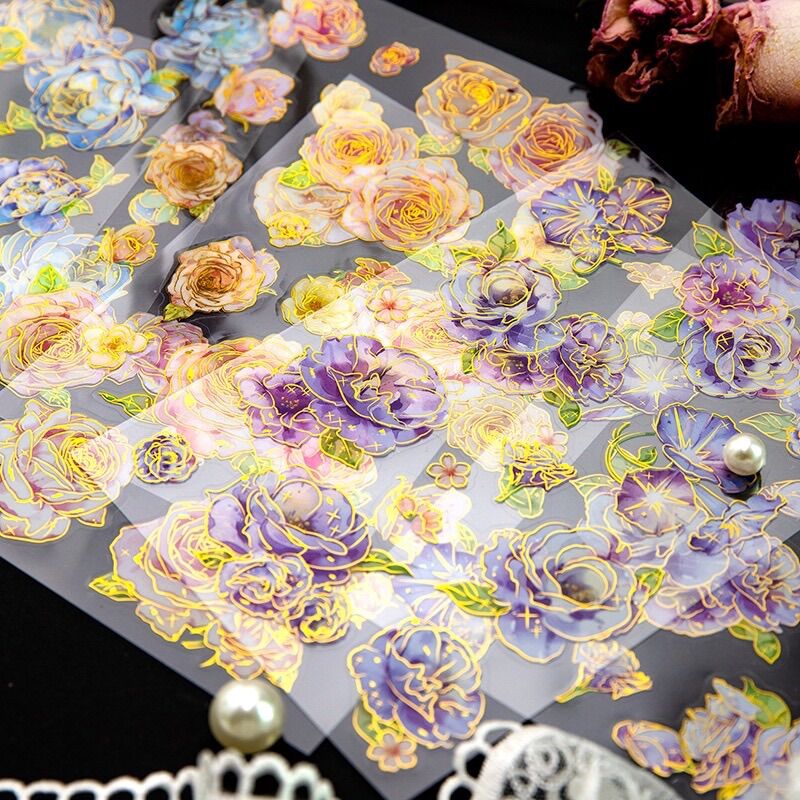 Set 2 tờ sticker hình hoa mạ vàng nhiều màu dùng để trang trí