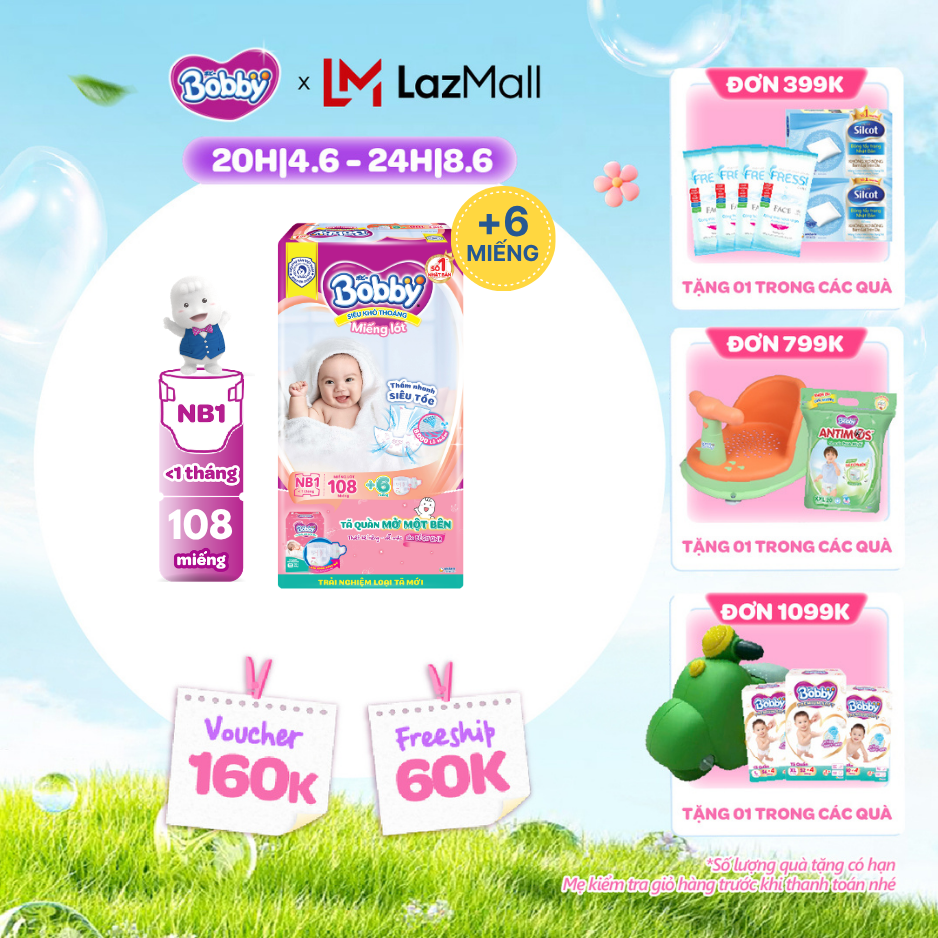 [QUÀ TẶNG HẤP DẪN TỪ 9-10.6]Miếng lót sơ sinh Bobby gói lớn Newborn 1-108 miếng (0-5kg) + Tặng kèm 6 miếng tã quần mở 1 bên Bobby size NB / NB-S