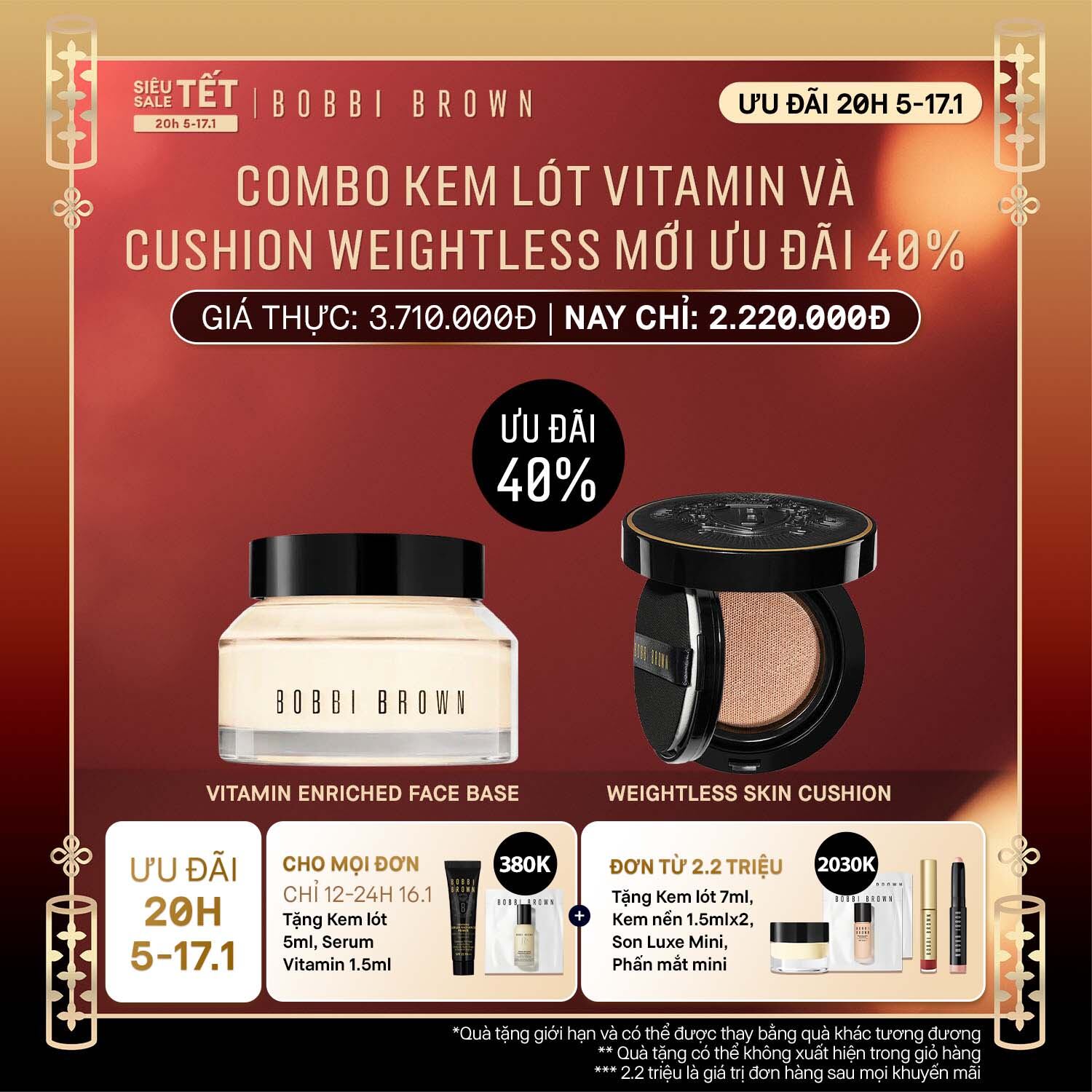 ƯU ĐÃI LIVESTREAM Bobbi Brown - Bộ 2 món: Phấn nước Bobbi Brown Weightless Skin Cushion Foundation SPF 40 PA+++ Kem lót dưỡng da Vitamin Enriched Face Base