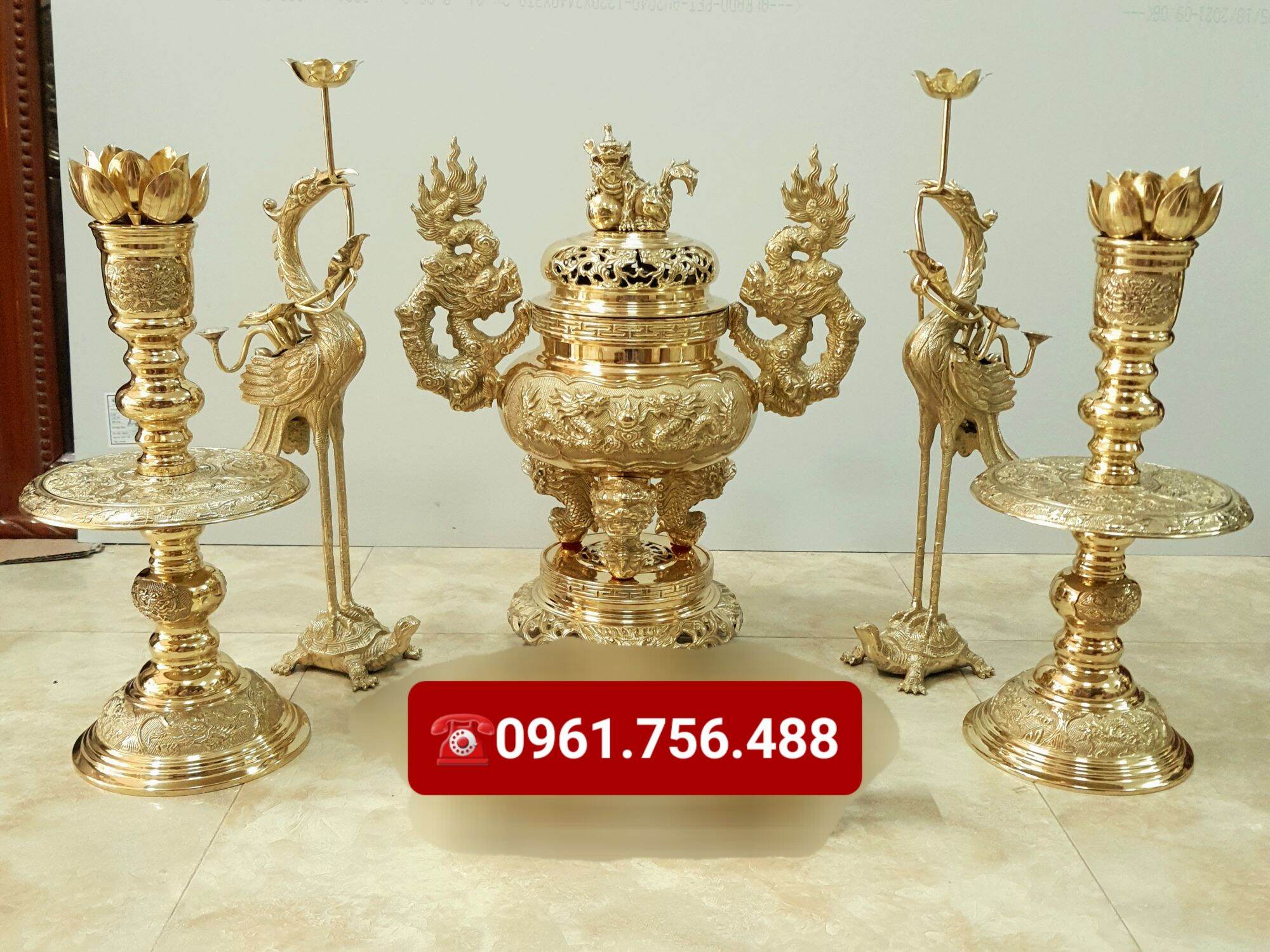 Bộ lư hương đỉnh đồng vàng- NGŨ SỰ 50cm