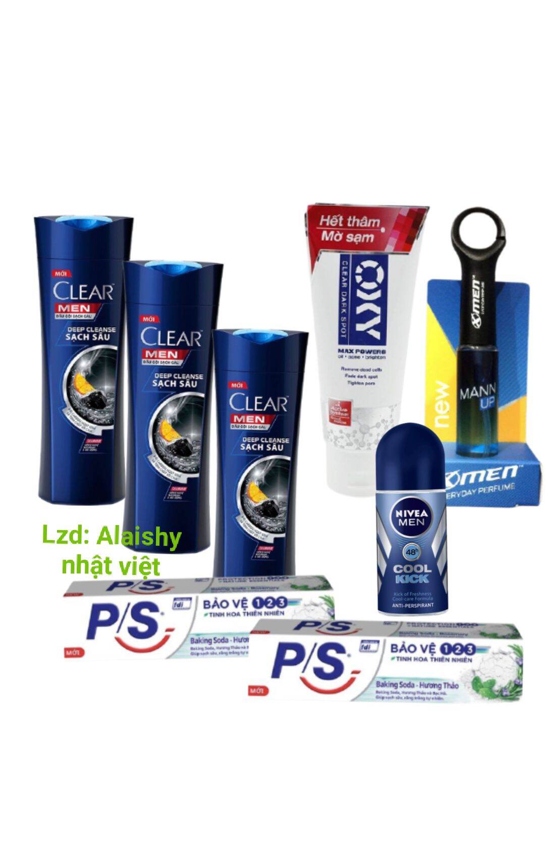 COMBO 8 - Dầu tắm gội Clear men + Sữa rửa mặt Oxy + Xịt khử mùi nước hoa Xmen mann up + Lăn khử mùi Nivea men + Kem đánh răng PS banking soda