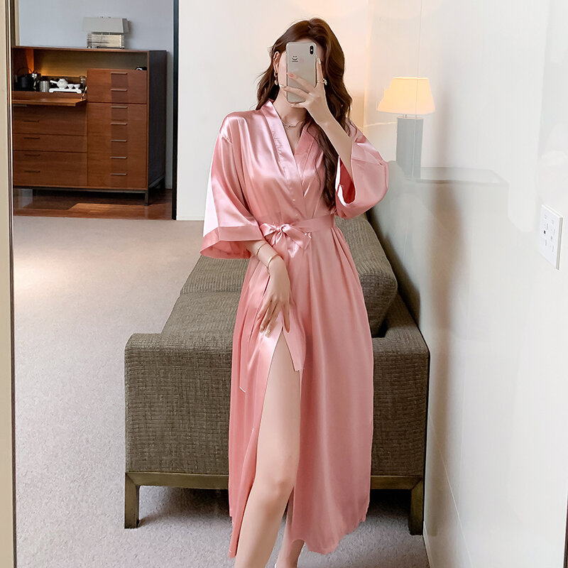 Áo choàng ngủ tơ lụa băng thật gợi cảm xuân hè áo choàng ngủ cô dâu cho nữ áo choàng tắm phong cách khách sạn đồ mặc nhà cho nữ mẫu mỏng dài