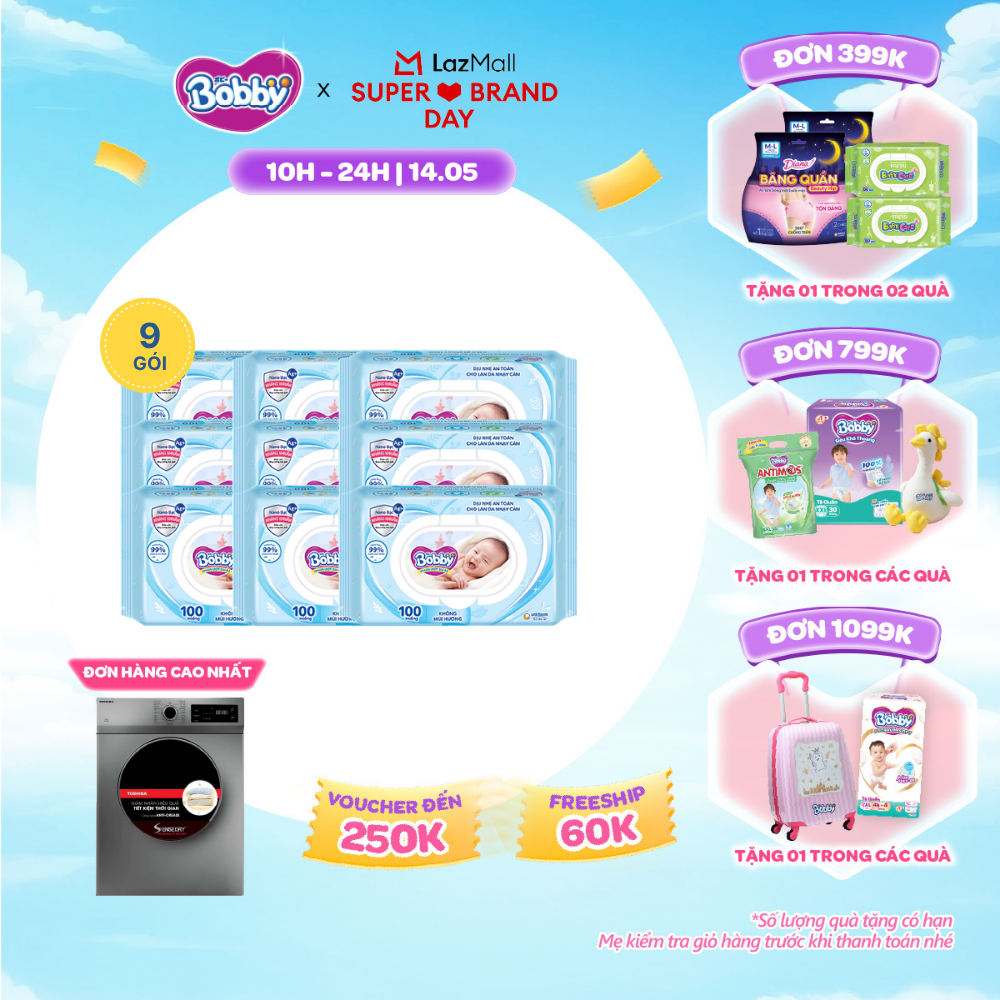 [SALE GIỮA THÁNG tặng QUÀ TO-SLCH]Combo 9 gói khăn ướt Bobby Care không hương 100 miếng/gói
