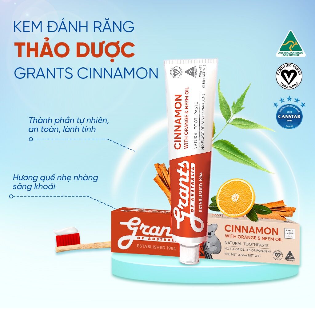 Kem đánh răng thảo dược hữu cơ quế, cam, lá neem Grants 110g