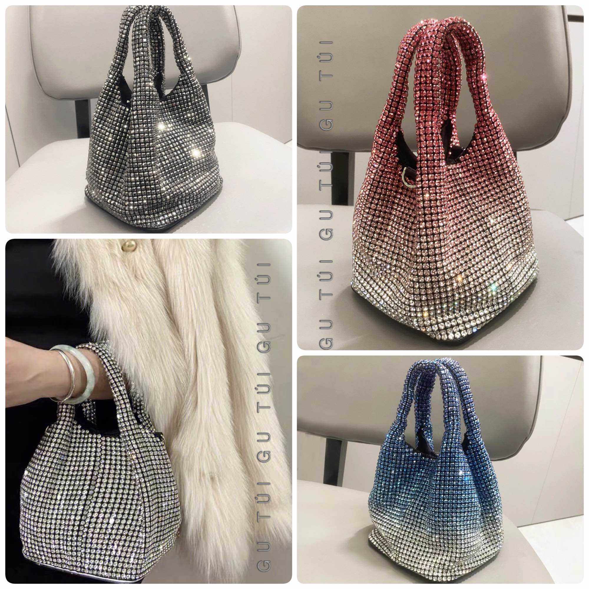 Túi quai xách nữ đi tiệc đính đá dúm cầm tay sang trọng túi đi tiệc đá loại 1 (clip thật)