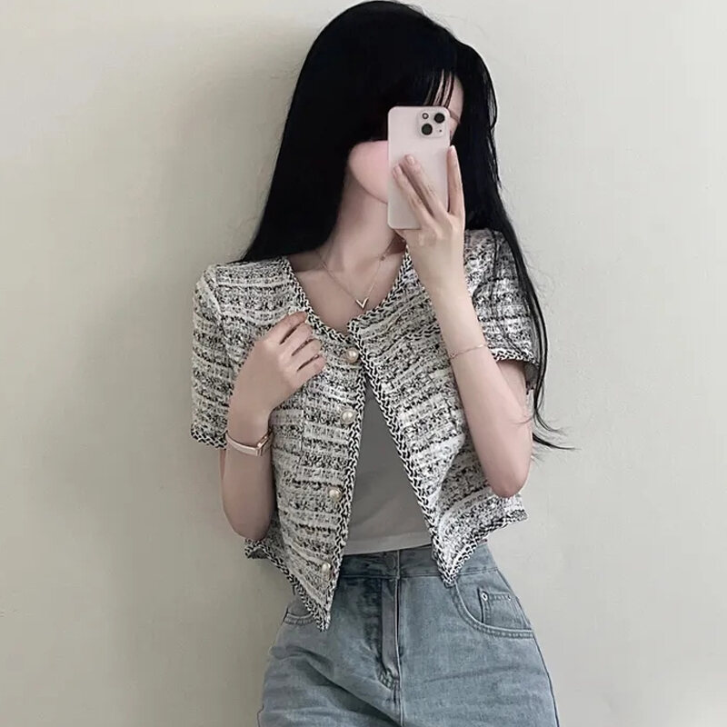 Áo Khoác Ngắn Tay Mùa Hè Cho Nữ Cổ Tròn Mỏng Thiết Kế Thanh Lịch Tay Ngắn Áo Cardigan Hở Nút Áo Ngắn