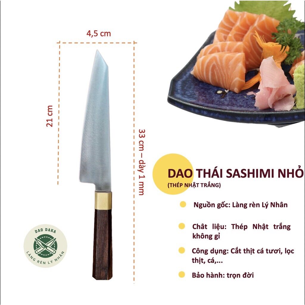 Dao thái sashimi nhỏ thép Nhật trắng không gỉ - Cán gỗ cẩm sừng khâu đồng