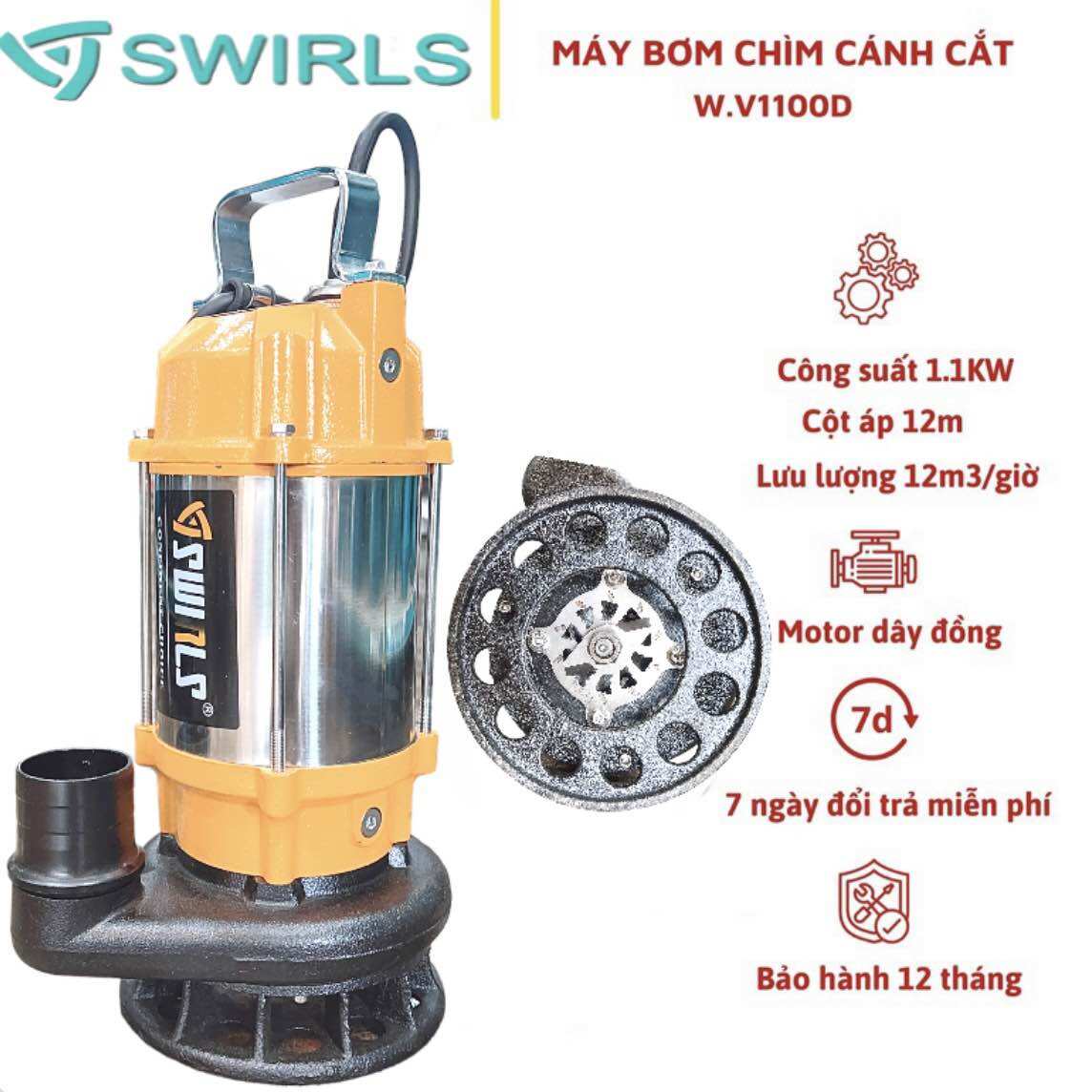 Máy bơm chìm nước thải cắt rác 1.1Kw Swirls Thân inox 304 - Bảo hành 1 năm, Bơm chìm hút hố bioga, hút bùn loãng