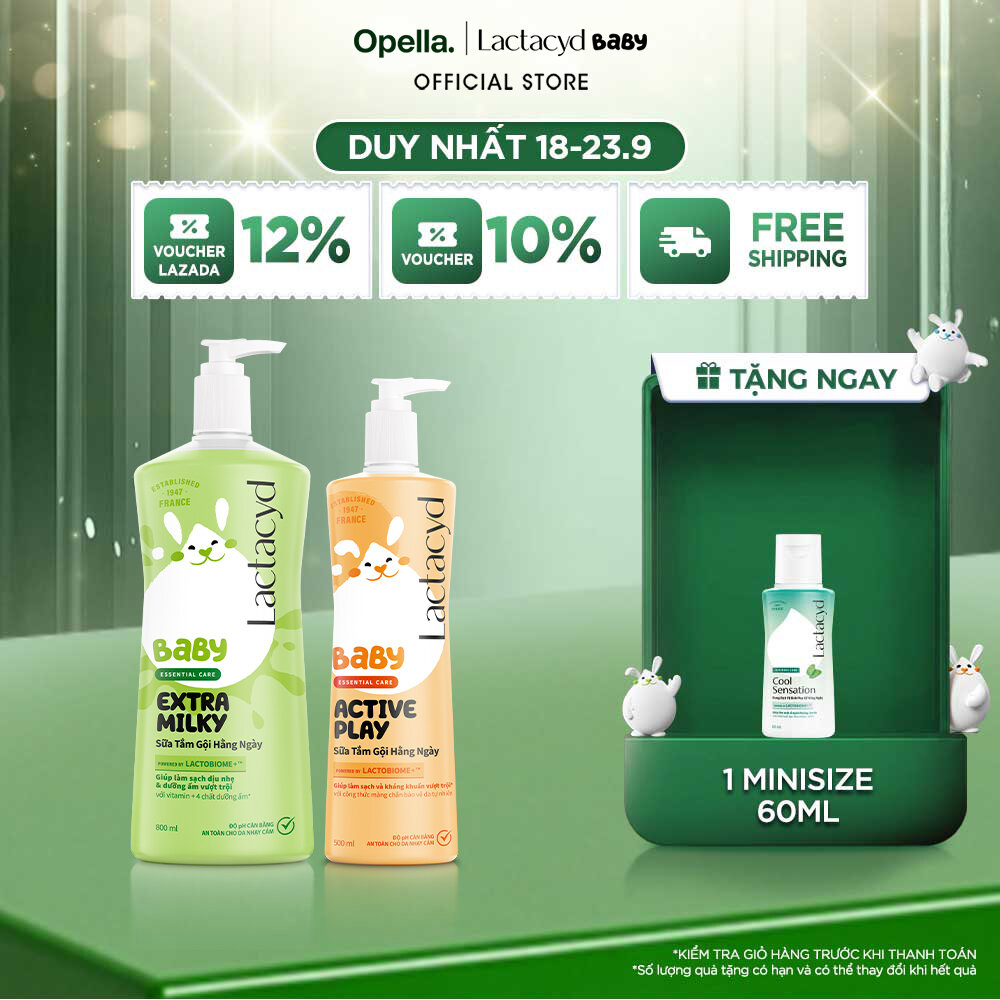 Bộ Sữa Tắm Gội Trẻ Em Lactacyd Baby Extra Milky Làm Sạch Dịu Nhẹ và Dưỡng Ẩm Vượt Trội Size Jumbo 800ml + Chai Sữa Tắm Gội Trẻ Em Active Play 500ml