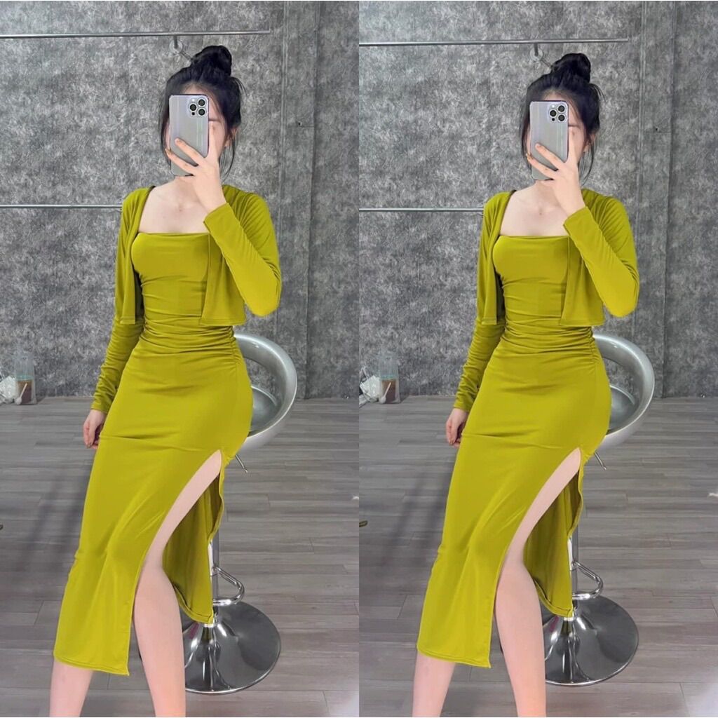 SÉT ÁO KHOÁC KÈM ĐẦM BODY XẺ DBD77