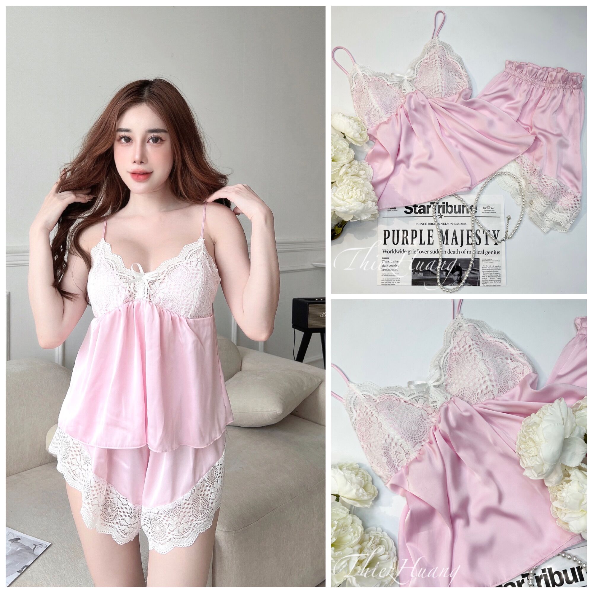 Set ngủ 2 dây lụa , quần ngắn phối ren sexy, dễ thương